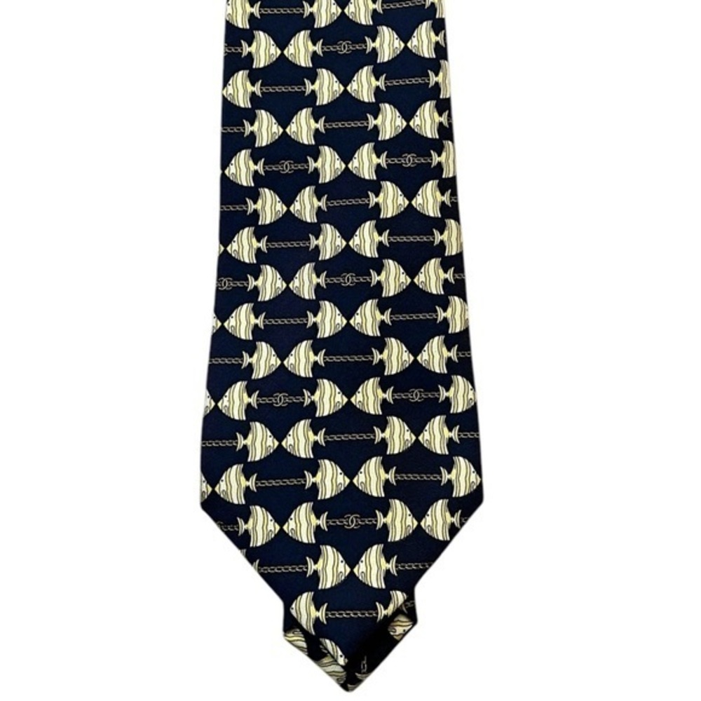 CHANEL silk tie, angelfish w/ chain & double C logo, navy blue & yellow/gold - Picture 1 of 6